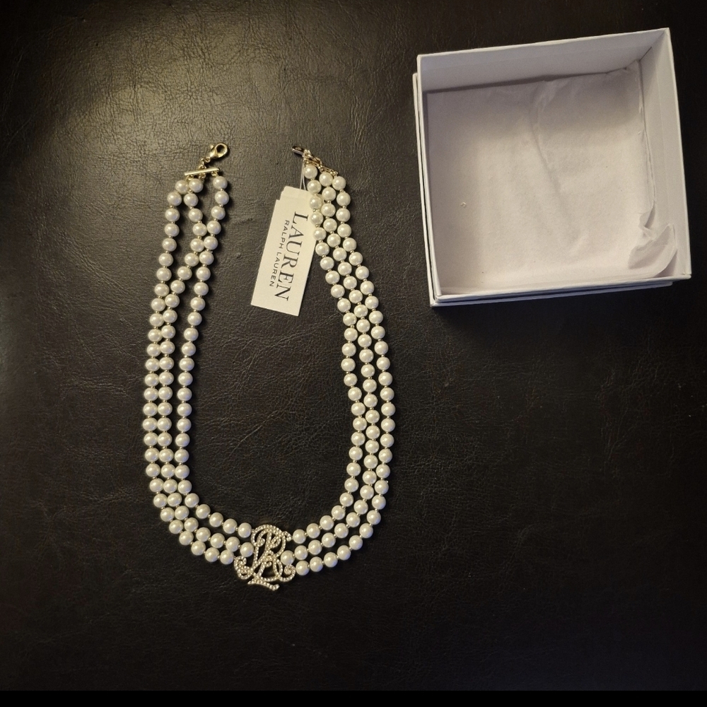 Ralph Lauren Gold Tone Imitation Pearl 3 Strand Logo Collar Necklace NWT